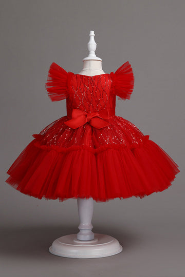 A Line Pescoço Redondo Vestido Vermelho de Menina